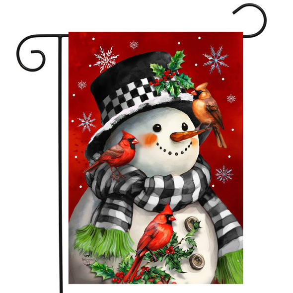 SNOWMAN WITH CARDINALS GARDEN FLAG