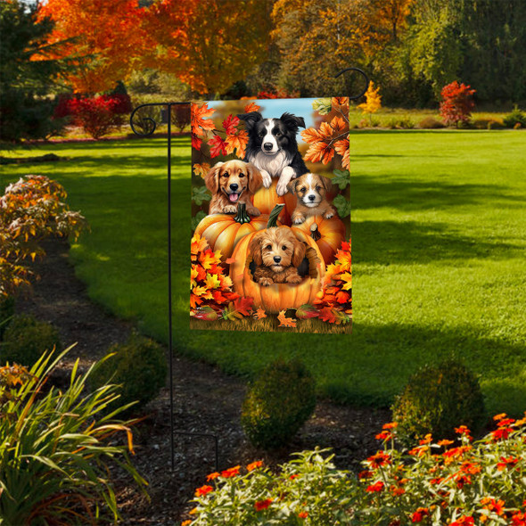 FALL PUMPKIN PUPPIES GARDEN FLAG