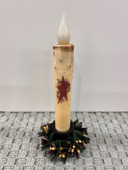 7" RED STAR W/ BERRIES TAPER TIMER CANDLE