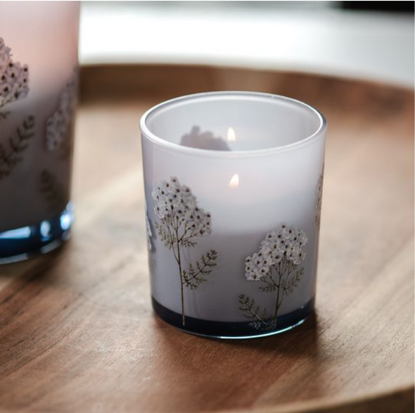 3" LT BLUE GLASS FLORAL CANDLE JAR