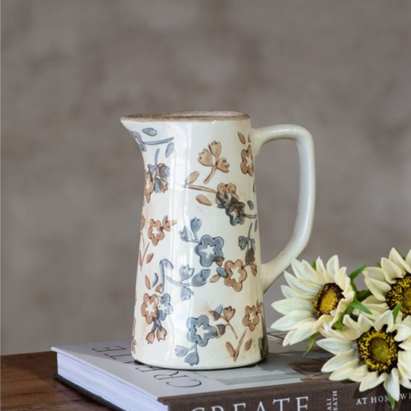 7.7" BEIGE AND BLUE FLORAL PATTERN PITCHER