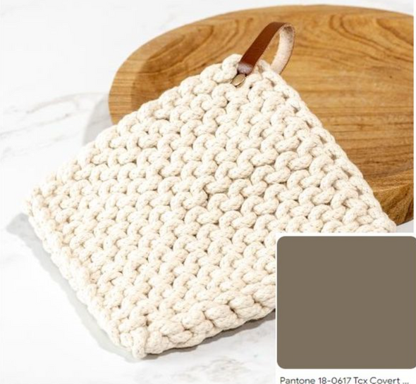 LEATHER STRAP GREEN KNIT POT HOLDER