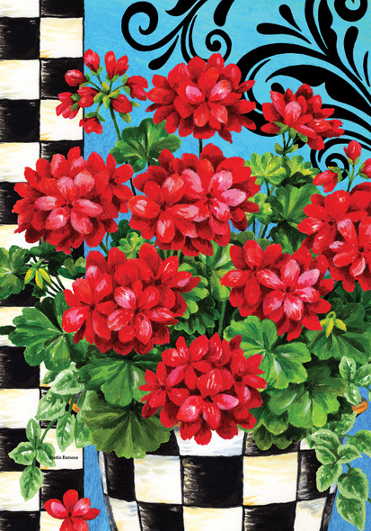 CHECKERED GERANIUMS GARDEN FLAG