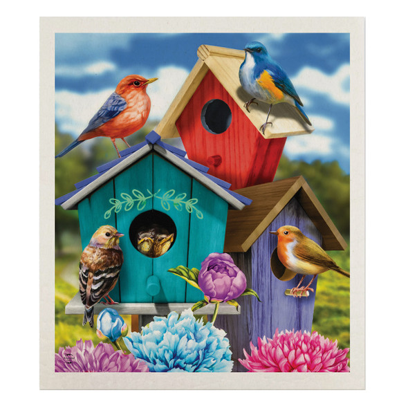 COLORFUL BIRDHOUSES SWEDISH DISHCLOTH