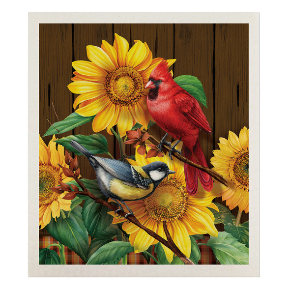 FALL BIRDS AND SUNFLOWERS SWEDISH DISHCLOTH