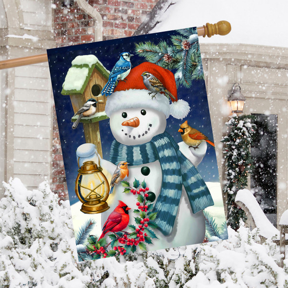 SNOWMAN AND WINTER BIRDS HOUSE FLAG