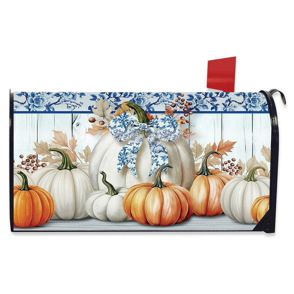 BLUE AND WHITE PUMPKINS MAILBOX COVER