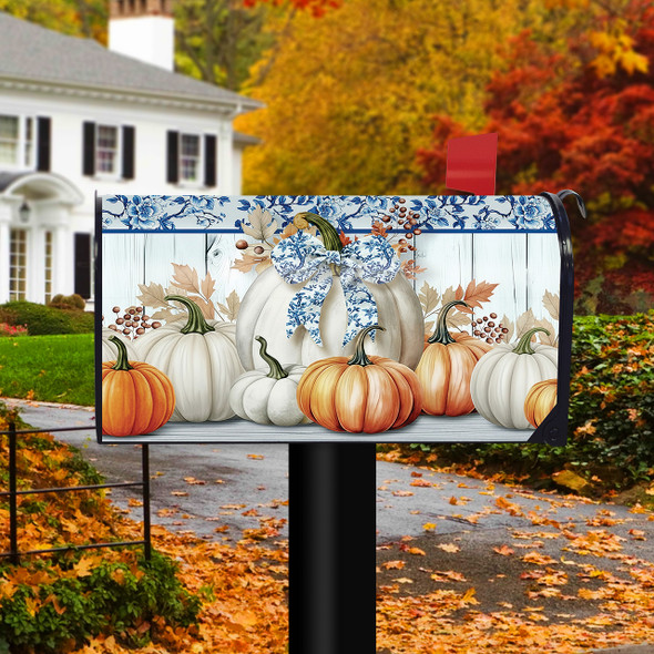 BLUE AND WHITE PUMPKINS MAILBOX COVER