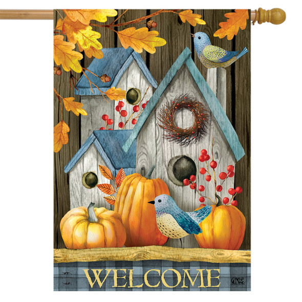 RUSTIC FALL BIRDHOUSES HOUSE FLAG