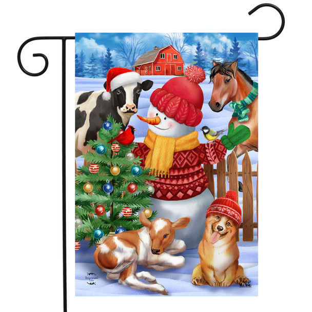 BARNYARD SNOWMAN GARDEN FLAG