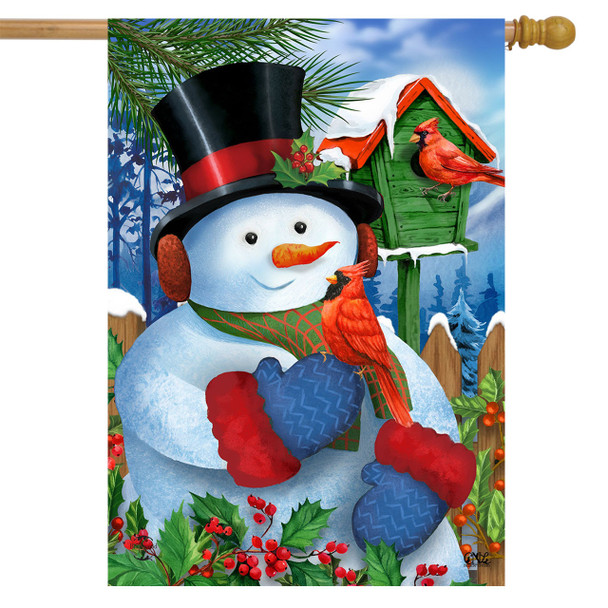 SNOWMAN AND CARDINALS WINTER HOUSE FLAG