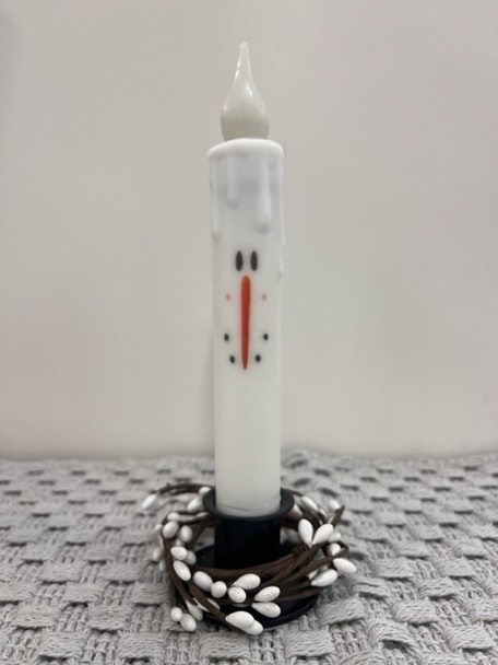 WHITE W/ SNOWMAN FACE 7"  LED TAPER TIMER CANDLE