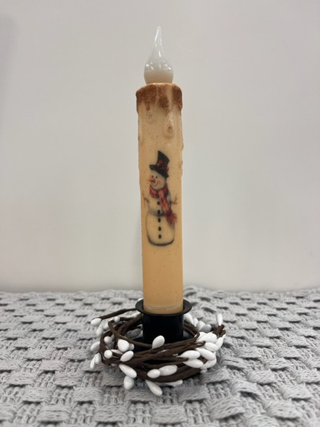 WINTER SNOWMAN 7" CREAM  LED TAPER TIMER CANDLE
