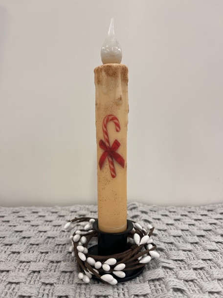 CANDY CANE RIBBON 7" CREAM  LED TAPER TIMER CANDLE