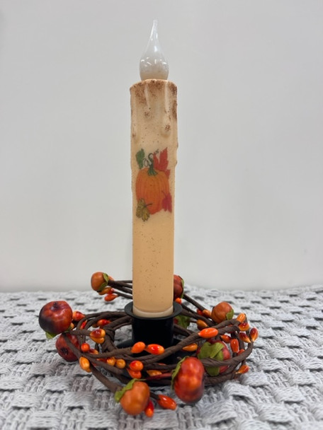 PUMPKIN W/ MAPLE LEAVES 7" CREAM  LED TAPER TIMER CANDLE