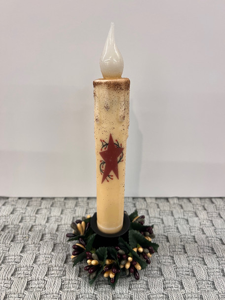 7" RED STAR W/ BERRIES TAPER TIMER CANDLE