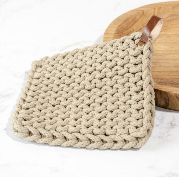 LEATHER STRAP OLIVE GREEN KNIT POT HOLDER
