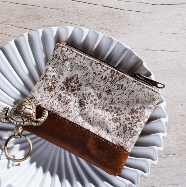 5" BROWN FLEUR CANVAS ZIP POUCH