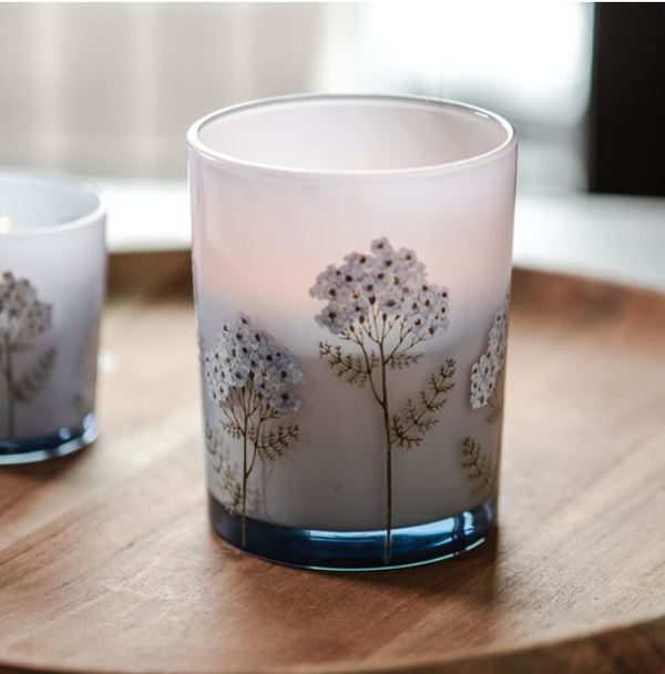 5" LT BLUE GLASS FLORAL CANDLE JAR