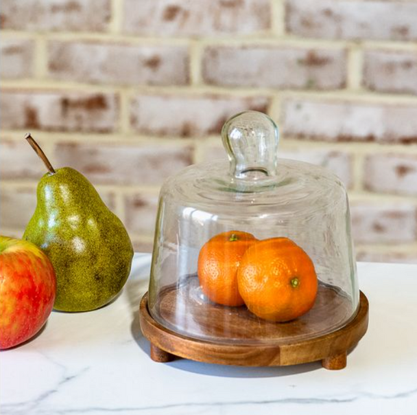  6" GLASS CAKE DOME WOOD BASE