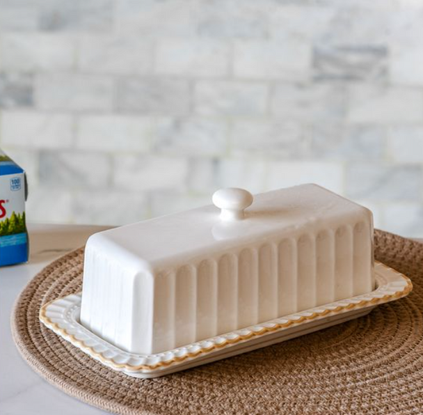 8.7" WHITE STRIPE BUTTER DISH