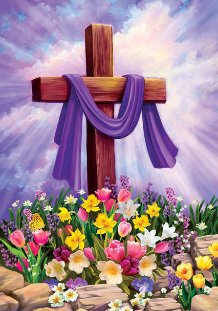 CROSS AND FLOWERS GARDEN FLAG