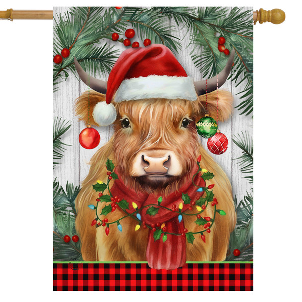 HOLIDAY HIGHLAND COW HOUSE FLAG