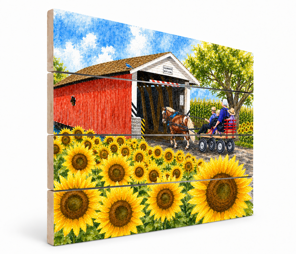 Covered Bridge Sunflowers 9x12-3d