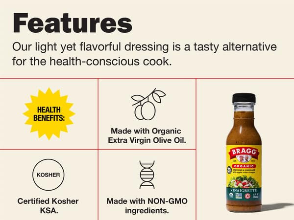Bragg Organic Oil Free Vinaigrette, Organic Ginger and Sesame Salad Dressing  / Marinade - Gluten-Free Dressing with