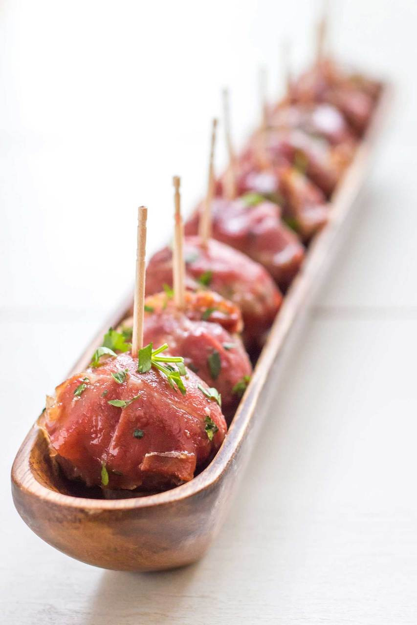 STUFFED PROSCIUTTO MEATBALLS WITH CRANBERRY GLAZE (Free Recipe below)