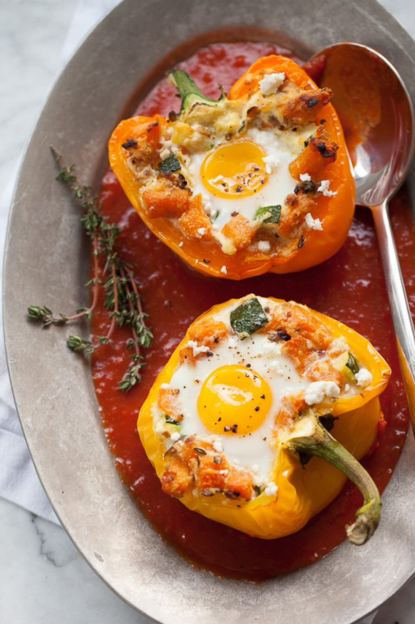 Baked Eggs in Stuffed Peppers with Sweet Potato Hash (Free Recipe below)