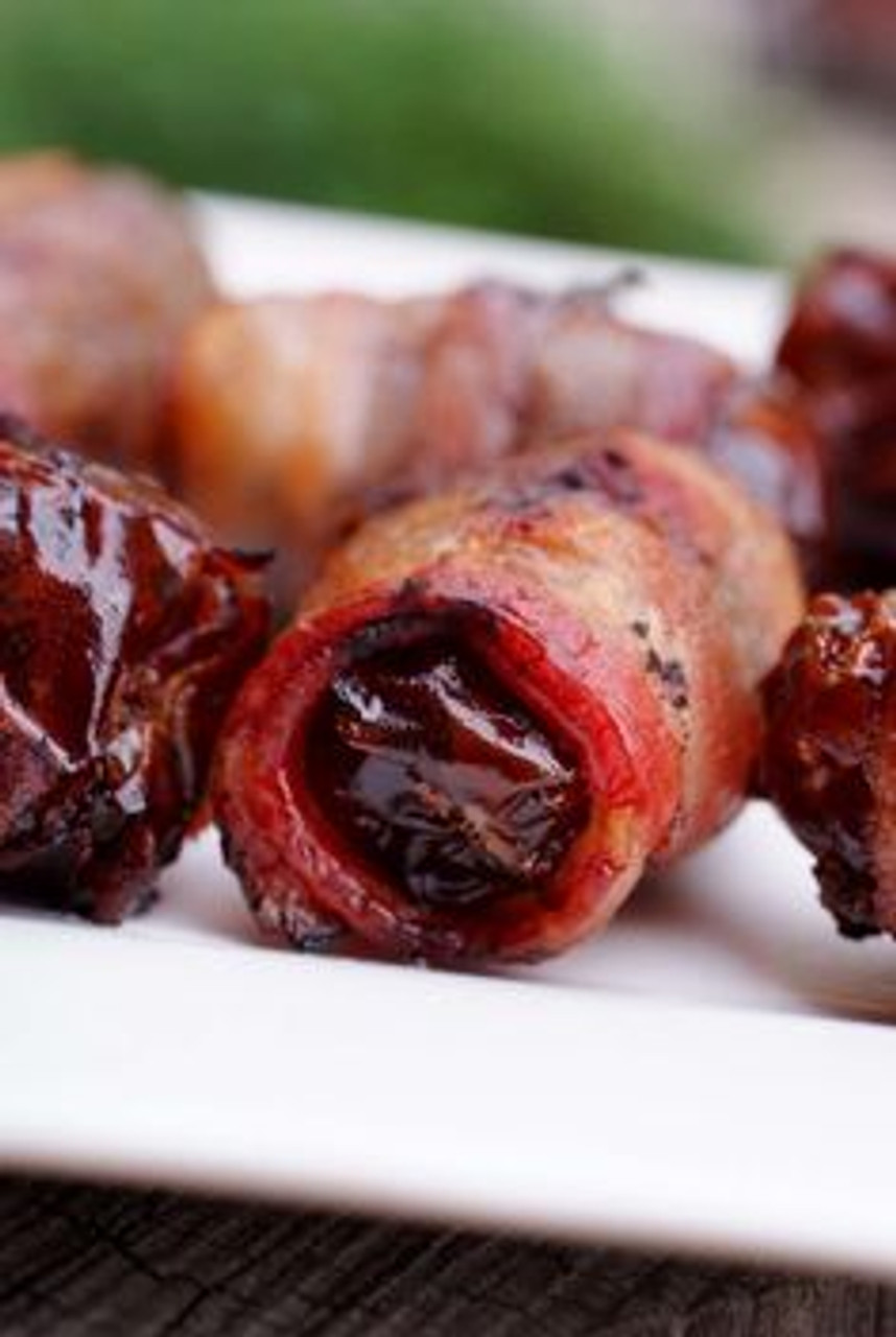 Bacon Wrapped Dates with Manchego, Romesco Sauce (Free Recipe below)