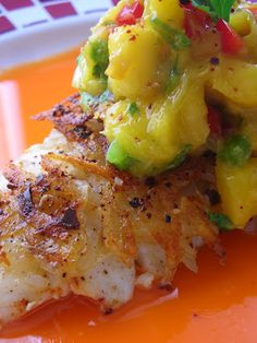 Potato Cascabel Crusted Halibut with Mango Carrot Broth and Mango Salsa