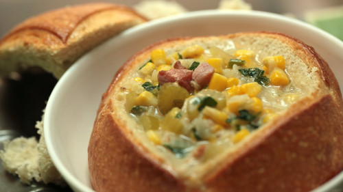 Creamy Corn Chowder with Boule Bread Bowls - includes 4