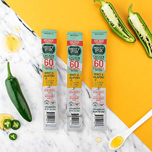 Mighty Spark Chicken Snack Sticks - Honey and Jalapeno - 6g of Protein, No Antibiotics Ever, No Hormones Added, Gluten Free - Pack of 48