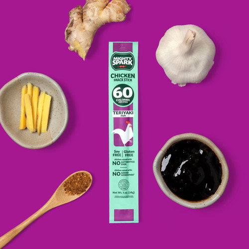 Mighty Spark Chicken Snack Sticks - Teriyaki - 6g of Protein, No Antibiotics Ever, No Hormones Added, Gluten Free - Pack of 48