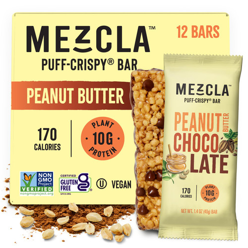 Mezcla Puff Crispy Protein Bars, Peanut Butter Chocolate - Gluten Free & Vegan Protein Bars, 10g Protein, Alt for Crispy Rice Treat, Granola Bars & Breakfast Bars - Pack of 12