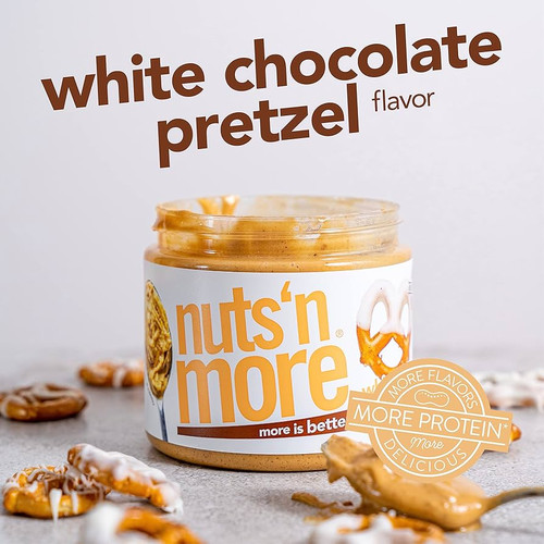 Nuts ‘N More White Chocolate Pretzel Peanut Butter Spread, Added Protein All Natural Snack, Low Carb, Low Sugar, Non-GMO, High Protein Flavored Nut Butter, 15 oz Jar - Pack of 2 Nuts ‘N More White Chocolate Pretzel Peanut Butter Spread, Added Protein All Natural Snack, Low Carb, Low Sugar, Non-GMO, High Protein Flavored Nut Butter, 15 oz Jar - Pack of 2