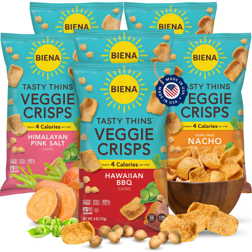 BIENA Tasty Thins Veggie Crisps - Low-Calorie Veggie Chips, Variety Pack, 4 oz Bags - Hawaiian BBQ, Himalayan Pink Salt, & Nacho - Pack of 6