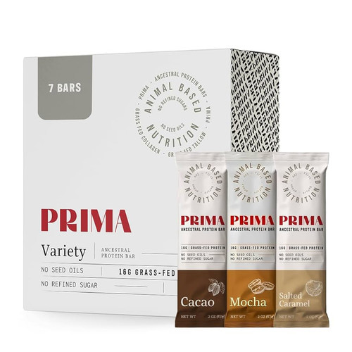 PRIMA ANCESTRAL PROTEIN BAR Grass Fed Protein Bars, Variety Pack - Seed Oil Free, Gluten Free, Low Carb Snacks - Pack of 7 PRIMA ANCESTRAL PROTEIN BAR Grass Fed Protein Bars, Variety Pack - Seed Oil Free, Gluten Free, Low Carb Snacks - Pack of 7