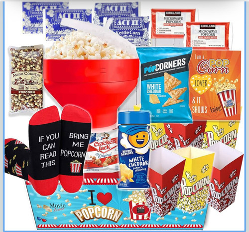 Popcorn Movie Night Gift Basket Care Package - w/Hot Air Popcorn Maker & Funny Socks, The Ultimate Gift Box Popcorn Movie Night Gift Basket Care Package - w/Hot Air Popcorn Maker & Funny Socks, The Ultimate Gift Box