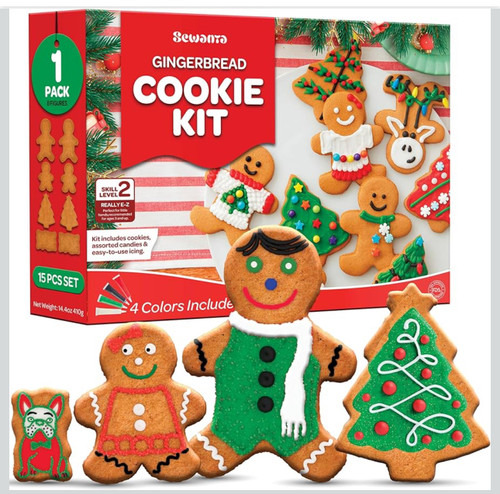 Gingerbread Cookie Decorating Kit - Set of 8 - Includes: 2 Moms/Dads 2 Boys/Girls, Dog & Cat, 16 Cookies/Tray/8 Color Tips/4 color Crystals - 15 Pcs Set