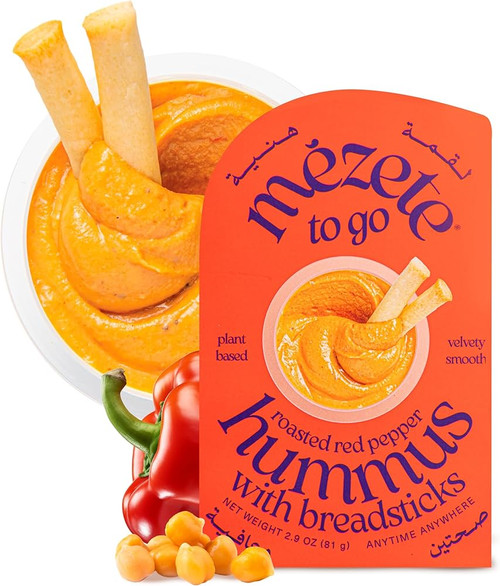 Mezete Roasted Red Pepper Hummus | Tahini Rich Chickpea Dip with Breadsticks | All Natural | On the Go | Plant Based | Preservative-Free - Pack of 6
