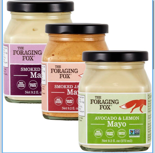 The Foraging Fox | Keto Gourmet Mayonnaise Set 3-Pack | Made with Avocado & High-Oleic Sunflower Oils | Flavors: Smoked Garlic, Avocado Lemon, Smoked Jalapeño | Gluten & Dairy Free, No Added Sugar, Non-GMO
