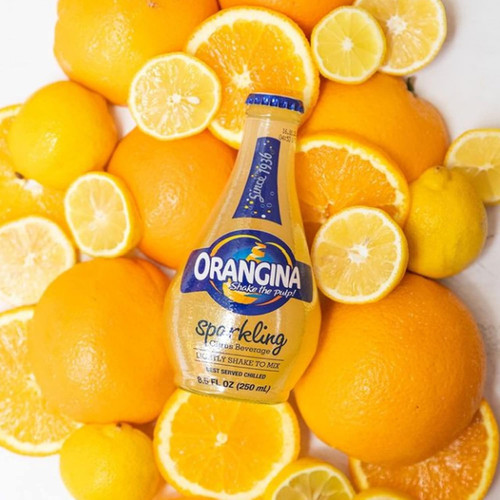 Orangina Sparkling Juice Citrus Soda Original with Pulp Glass Bottle, 8.4 oz - Pack of 12