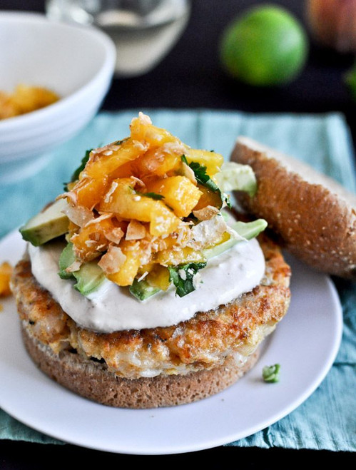 Shrimp Burgers with Chipotle Cream and  Coconut Peach Salsa - (Free Recipe below)