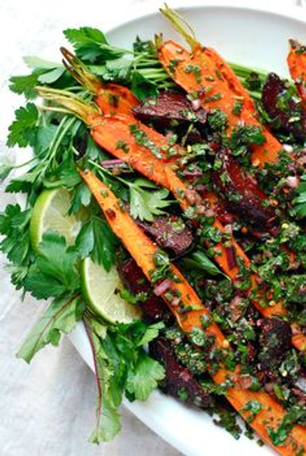 Roasted Beet and Carrot Salad with Beet Green Salsa Verde - (Free Recipe below)