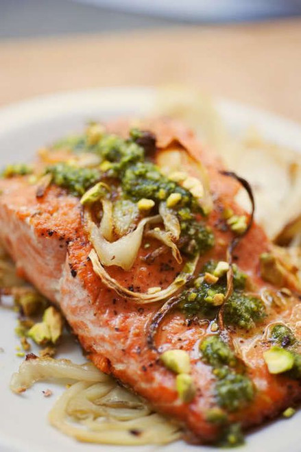 Wild Alaskan Salmon with Pistachio Pesto and Roasted Fennel - (Free Recipe below)