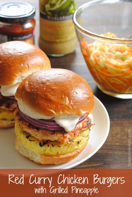 Red Curry Chicken Burgers with Grilled Pineapple - (Free Recipe below)