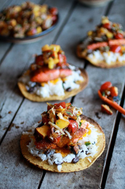 Caribbean Jerk Salmon Tostadas with Grilled Pineapple Peach Salsa - (Free Recipe below)